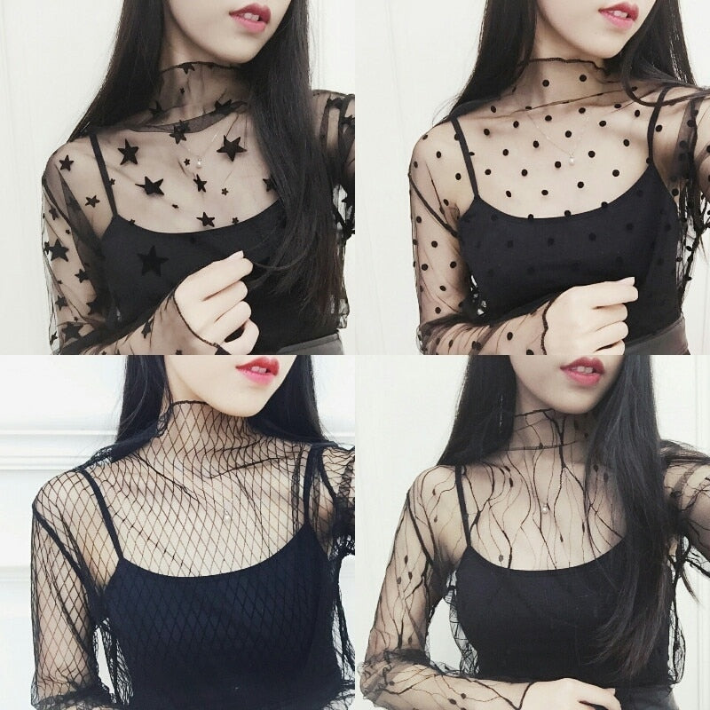 Fashion Black Sexy Women Long Sleeve See Through Mesh Sheer Party Clubwear Night Shirt Tops 2019 shirts t shirt Lace