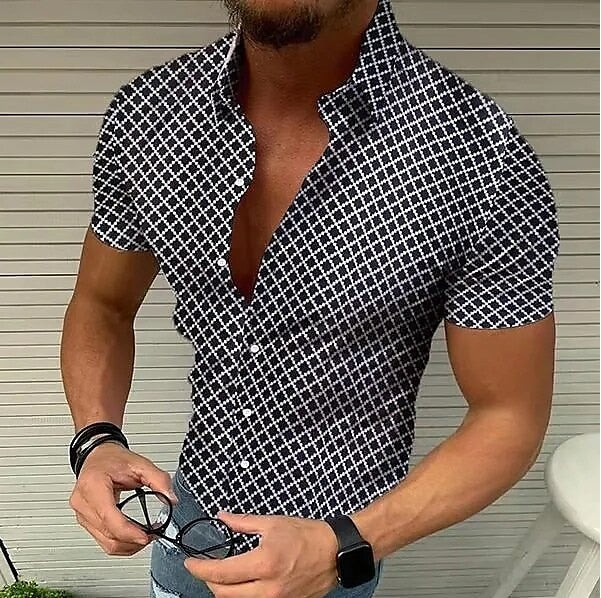 2022 Summer New Mens Vintage Plaid Shirt Fashion Casual Luxury Shirt Short Sleeve Hawaii Shirts For Men Blusas Camisa Masculina