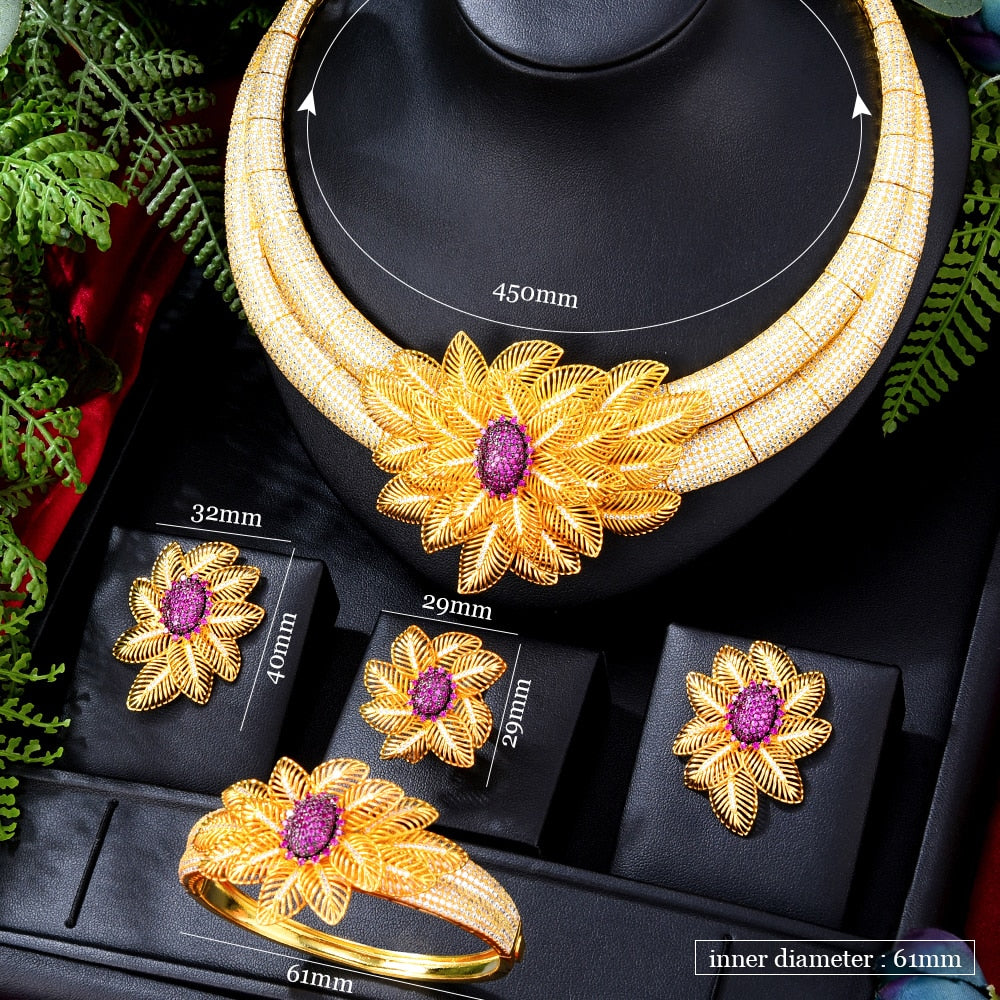 Gold 4pcs Bridal Zirconia Jewellery Sets For Women Party Luxury Dubai Wedding Jewelry Sets