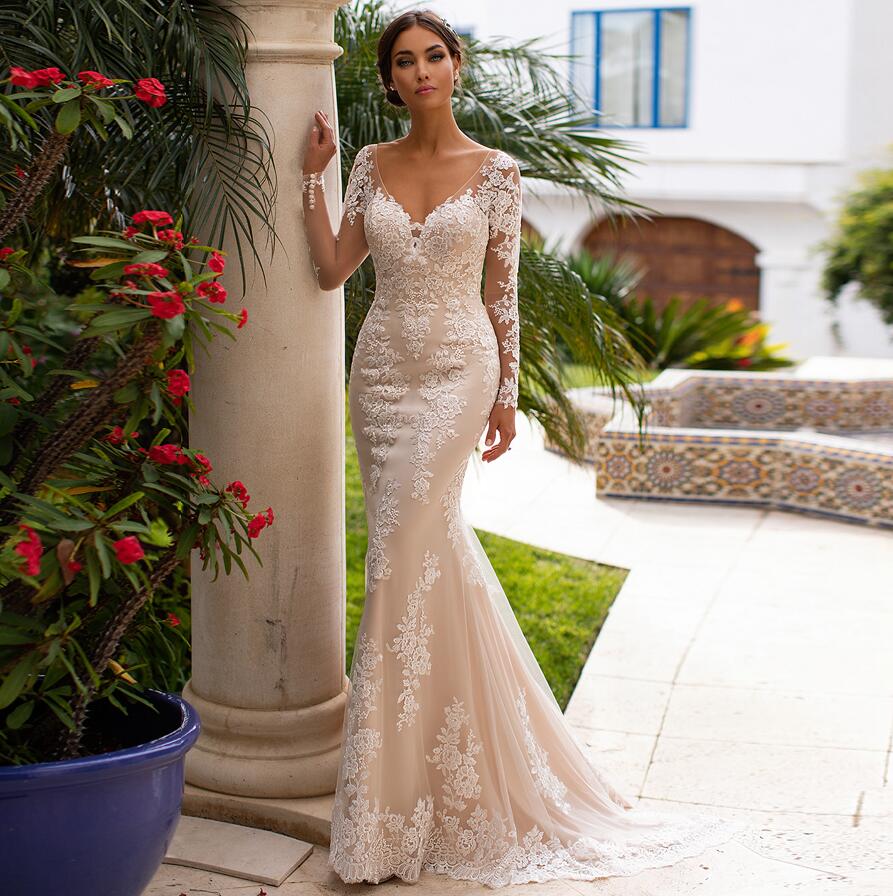 Jiayigong Champagne Mermaid Wedding Dresses Illusion Long Sleeves V-neck Lace Applique Backless Bridal Gown Vestido De Noiva