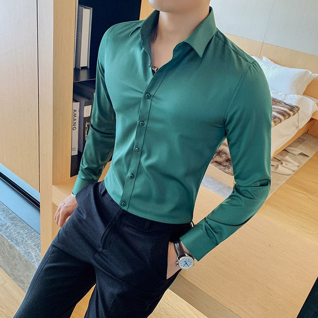 British Style New Solid Shirt Men Long Sleeve Business Formal Wear Men Shirts Slim Fit Casual Blouse