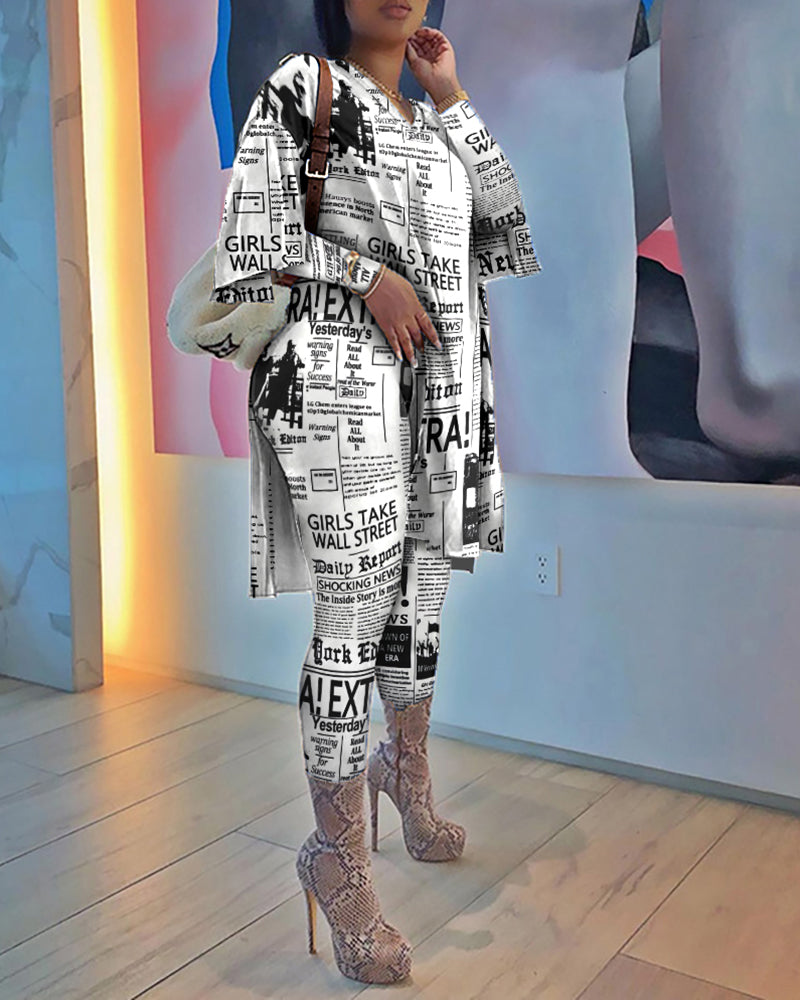 New 2021 Women Outfits Spring Women'S Newspaper Print Tops And Pants High Waist Casual Suit 2 Piece