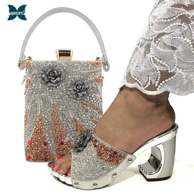 QSGFC New Arrival Fashionable Italian Shoes and Bag Sets Silver Color Women's Wedding Special Appliques for African lady Sandals