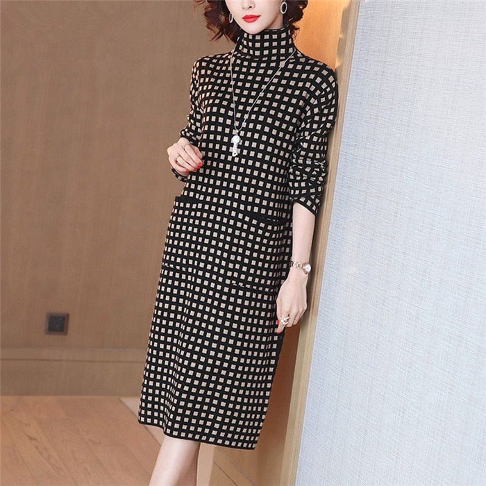 Women's Dress Autumn Winter Dresses Black and White Grid Turtleneck Sweater Dress Pullover Bottoming Dress External Wear Female