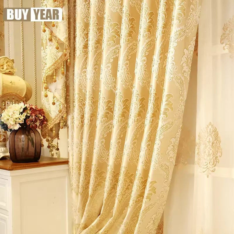 European Luxury Curtains for Living Room Bedroom Gold Jacquard Embroidered Curtain Tulle Windows Home Decor Blackout Custom Size