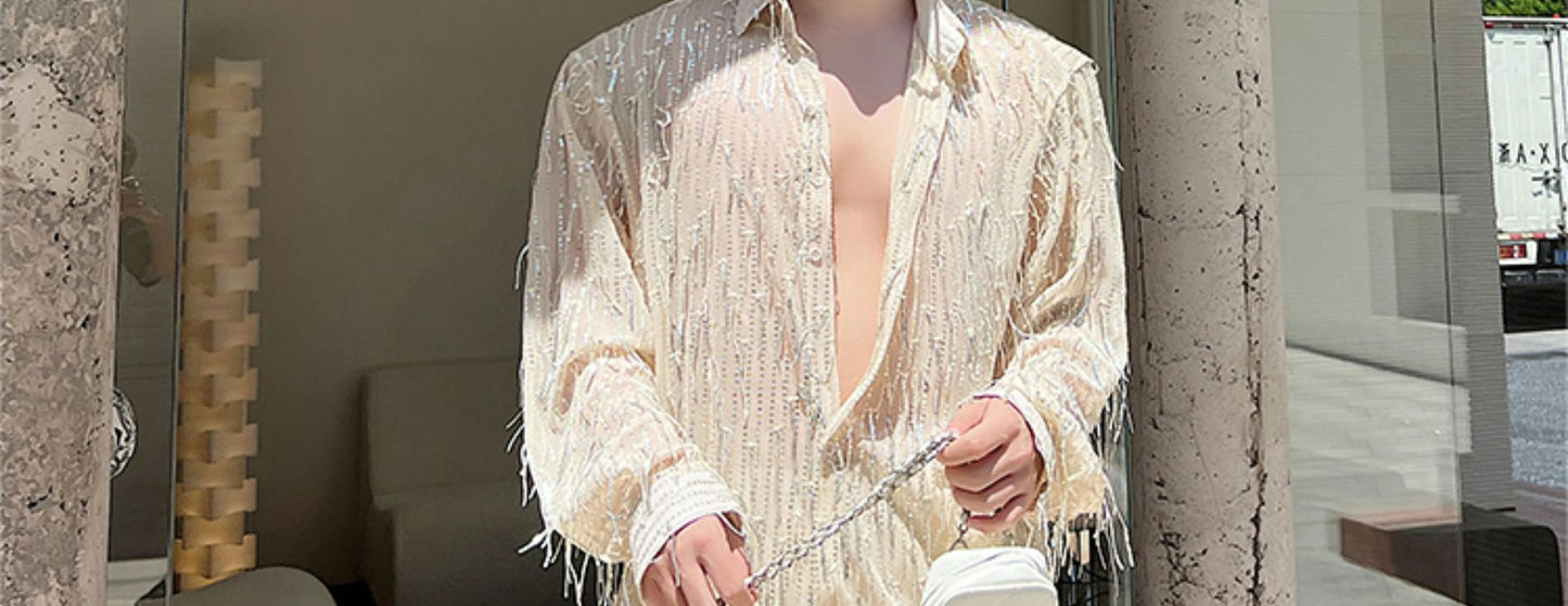 2023 Fashion Men Shirt Tassel Sequin Bead Lapel Long Sleeve  Camisetas  Men Shirts