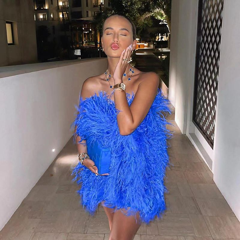 Elegant 100% Ostrich Feather Mini Cocktail Dresses 2022 Sexy Strapless Short Prom Dress Wedding Birthday Party Gowns S4082