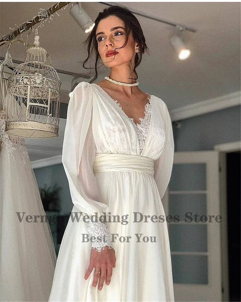 Verngo Vintage Lace Puff Long Sleeves Wedding Dresses Chiffon A Line V Neck Bride Gowns Floor Length Elegant Bridal Dress