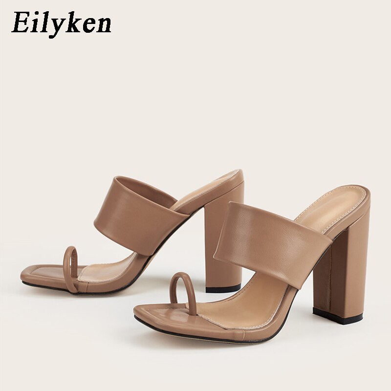 Eilyken 2021 Summer Womens Slides High Heels Fashion Design Cozy Clip toe Mules Slippers Square Head Ladies Outdoor Slip on Shoe