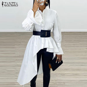 Women's Asymmetrical Blouse 2021 ZANZEA Elegant Flouce Sleeve Shirts Casual Button Down Blusa Female Lapel Tunic Oversized Top
