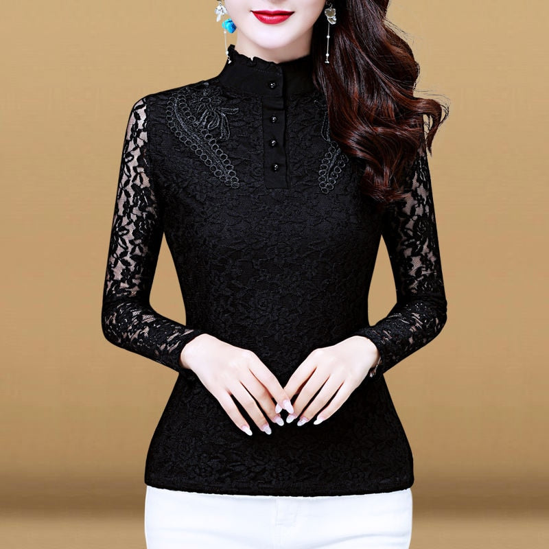 Women Spring Autumn Style Slim Lace Blouses Shirts Lady Casual Long Sleeve Turtleneck Flower Printed Lace Blusas Tops DD8199