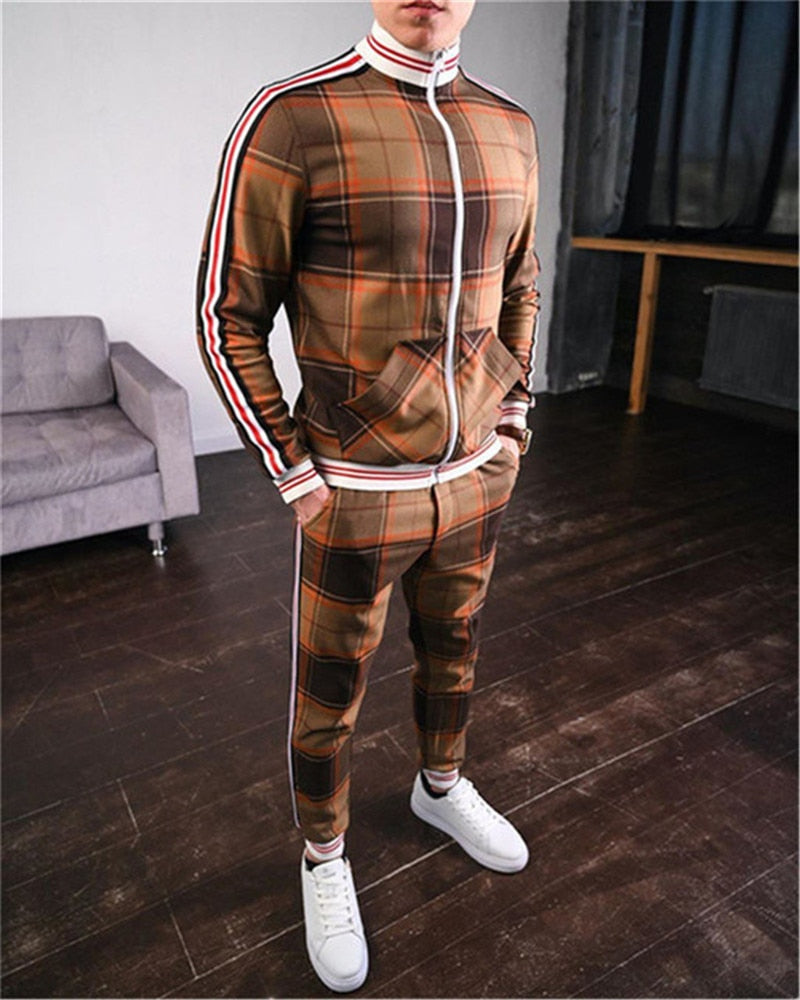 2022 Man Tracksuits Men's Sets 3D Print Sets Men Grid Two-piece Patchwork Zipper Tracksuits Small Leg Trouser Sweat Suits Sets