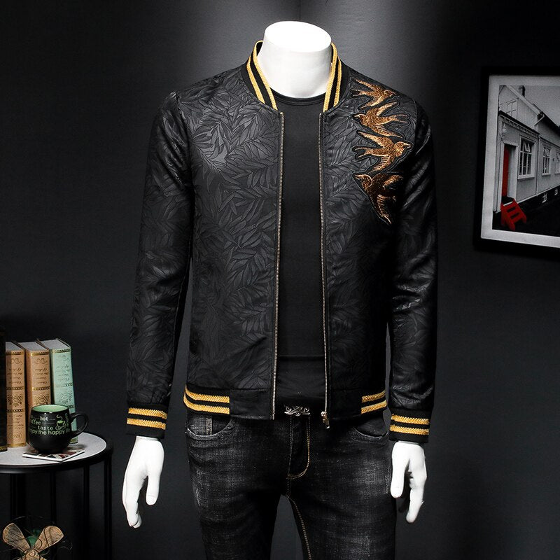 Jaqueta Masculina Spring New Gold Embroidery Print Jacket Men Slim Fit Bomber Print Jacket Retro Jacket Club Clothing Men 5xl-M