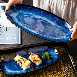 Ceramic Plate Japanese Style Dishes Kiln Change Cat Eye Blue Fish Plate Household Steamed Large Glaze Color Creative Sushi Plate