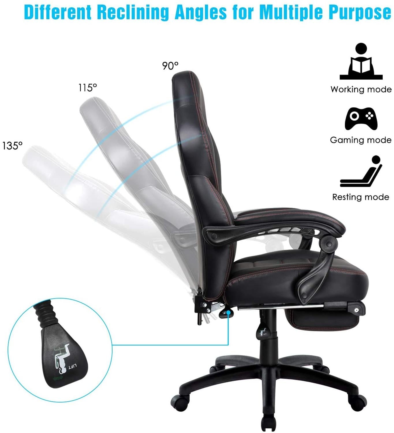 High Back Leather Office Gaming Chair Black, Reclining Ergonomic Executive Office Chairs with Extendable Footrest and Arms