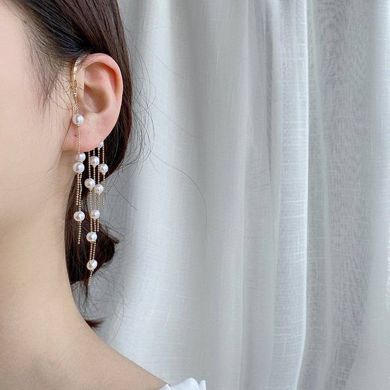 New Popular Design Water Drop Pearls Tassel Clip Earrings for Women Charm Jewelry Temperament Accessories Wedding Party Ins Hot