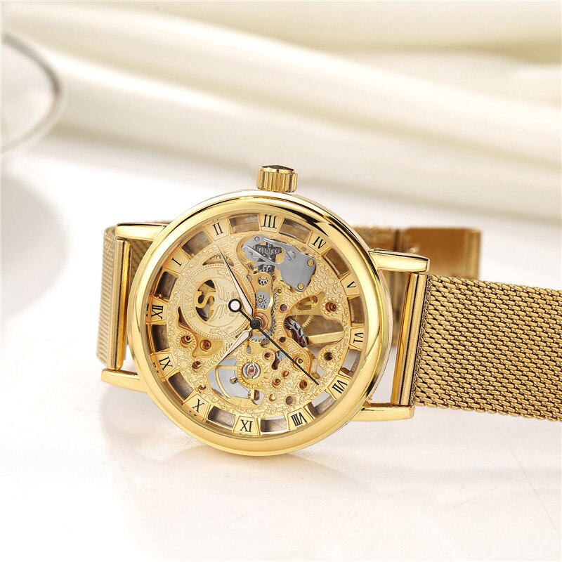 SEWOR Watch Men Skeleton Watches Stainless Steel Mesh Strap Mechanical Hand Wind Wristwatches Luxury Business Gold Watches Men