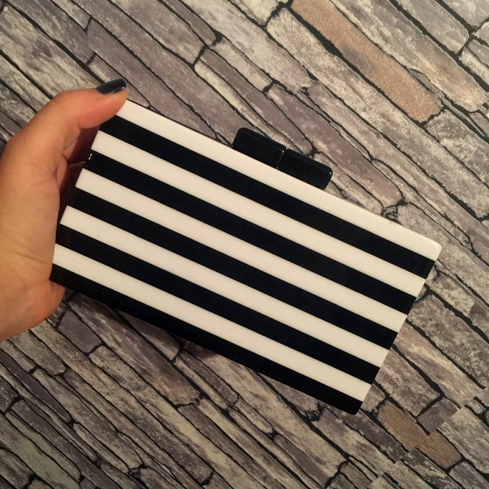 Boutique De FGG Fashion Women Striped Acrylic Evening Clutch Bags Ladies Chain Shoulder Purses and Handbags Crossbody Bag