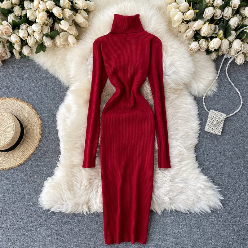 Dresses for Women 2022 Sexy Turtleneck Knitted Bodycon Dress Women Autumn Winter Long Sleeve Sweater Dress