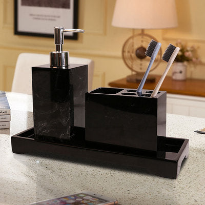 Black Marble Pattern Tray Resin Bathroom Set Toothbrush Holder Soap Dispenser Soap Dish Men's Bathroom Accessories Set Home Deco