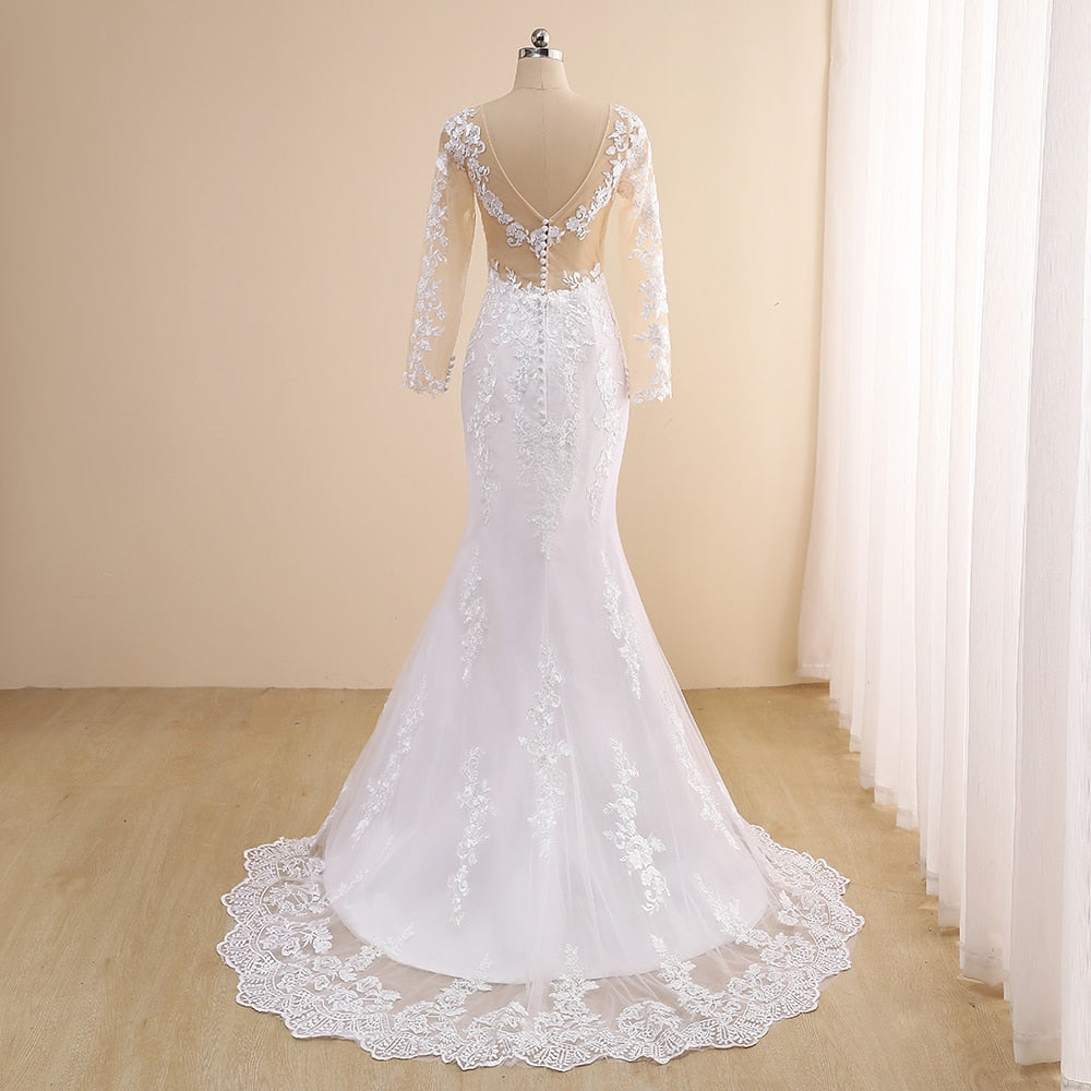 Jiayigong Champagne Mermaid Wedding Dresses Illusion Long Sleeves V-neck Lace Applique Backless Bridal Gown Vestido De Noiva