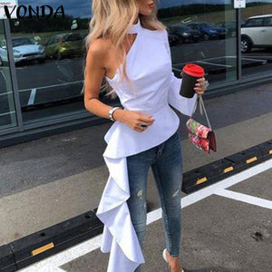 VONDA Asymmetrical Tunic Women One Shoulder Blouse 2021 Summer Party Long Shirts Office Holiday Tops Casual Blusa Plus Size