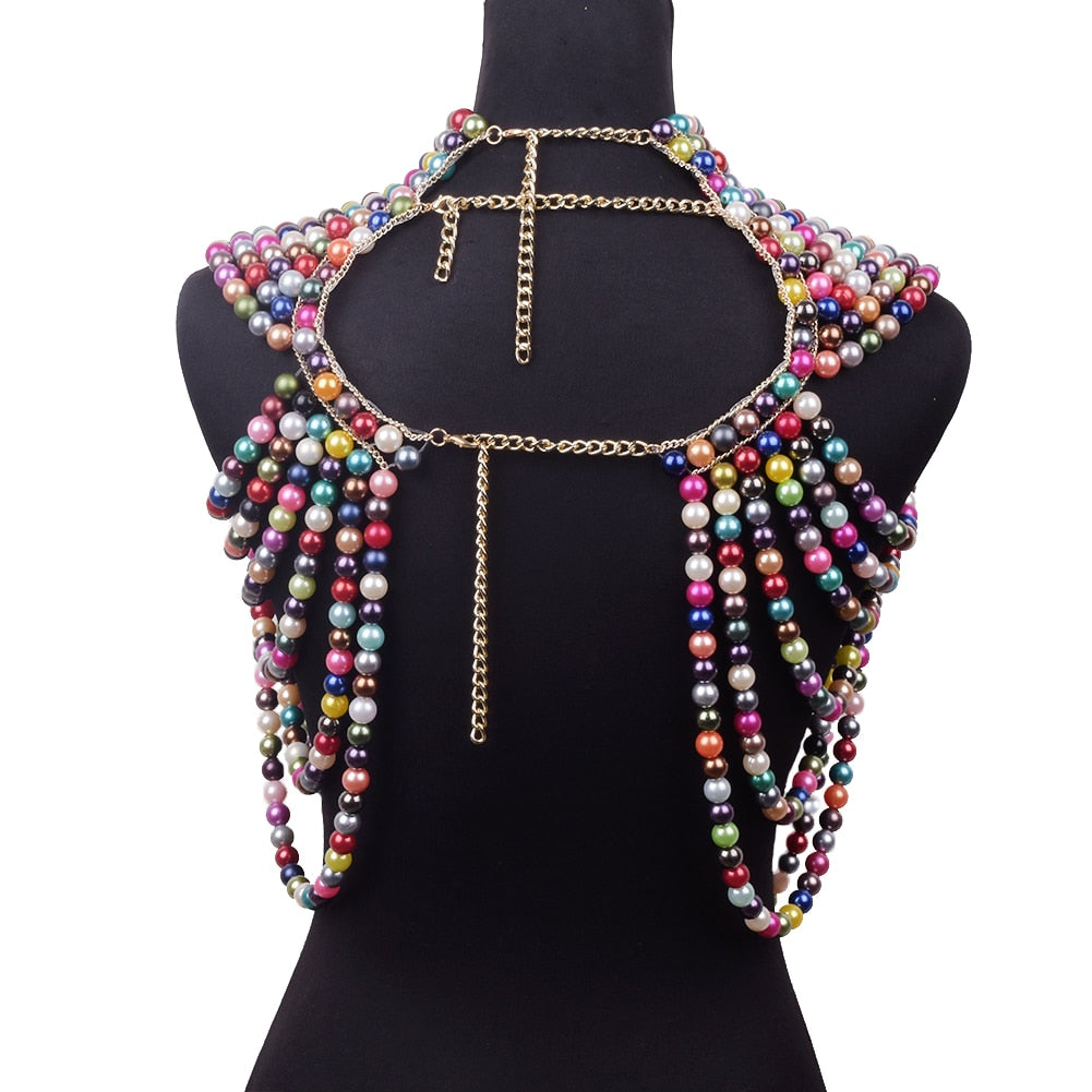 Women Pearl Shawl Necklaces Body Chain Sexy Beaded Collar Shoulder Pearl Bra Top Sweater Chain Wedding Dress Body Jewelry