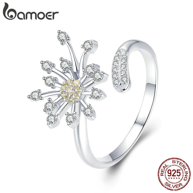 BAMOER Authentic 925 Sterling Silver Blooming Dandelion Love CZ Adjustable Rings for Women Wedding Engagement Jewelry SCR471