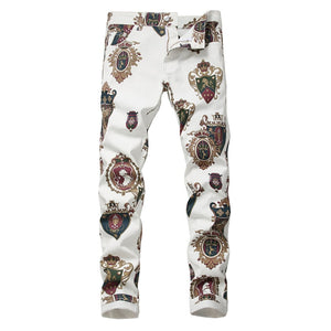 Men's badge 3D printed white jeans Fashion colored drawing slim fit stretch pants Long trousers