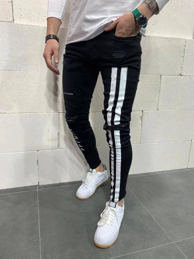 Letter printing Ripped Pencil Jeans Men Skinny Biker Side Striped Jeans Destroyed Hole Hip Hop Slim Fit Jean Men's Pant