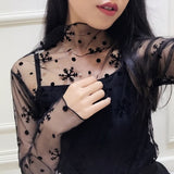 Fashion Black Sexy Women Long Sleeve See Through Mesh Sheer Party Clubwear Night Shirt Tops 2019 shirts t shirt Lace