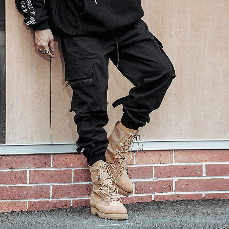 Streetwear Harem Joggers Men Ribbons Pockets Casual Mens Cargo Pants Hip Hop Cotton Casual Ankle-length Men Trousers