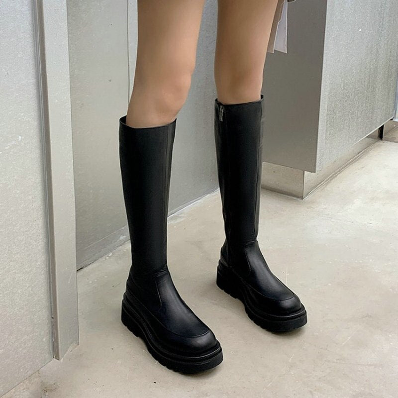 Luxury brand solid beige black punk riding boots womens winter shoes chunky heels platform knee high woman boots big size 42 43