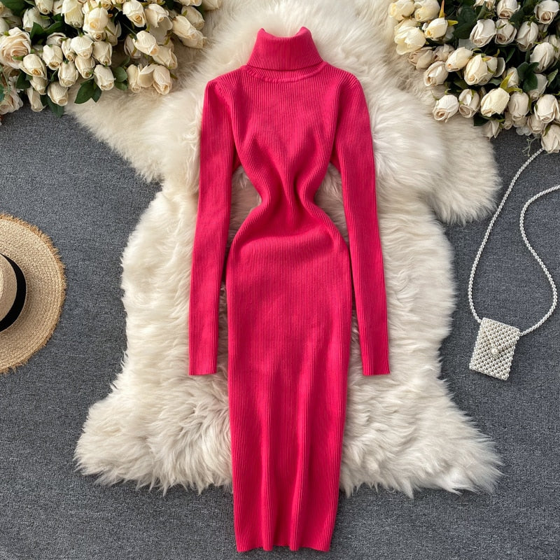 Dresses for Women 2022 Sexy Turtleneck Knitted Bodycon Dress Women Autumn Winter Long Sleeve Sweater Dress