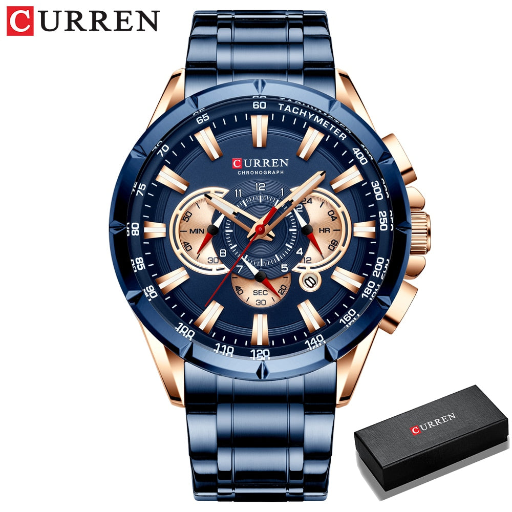 CURREN Luxury Casual Mens Watches Quartz Sports Chronograph Wristwatch Male Stainless Steel Luminous hands Clock