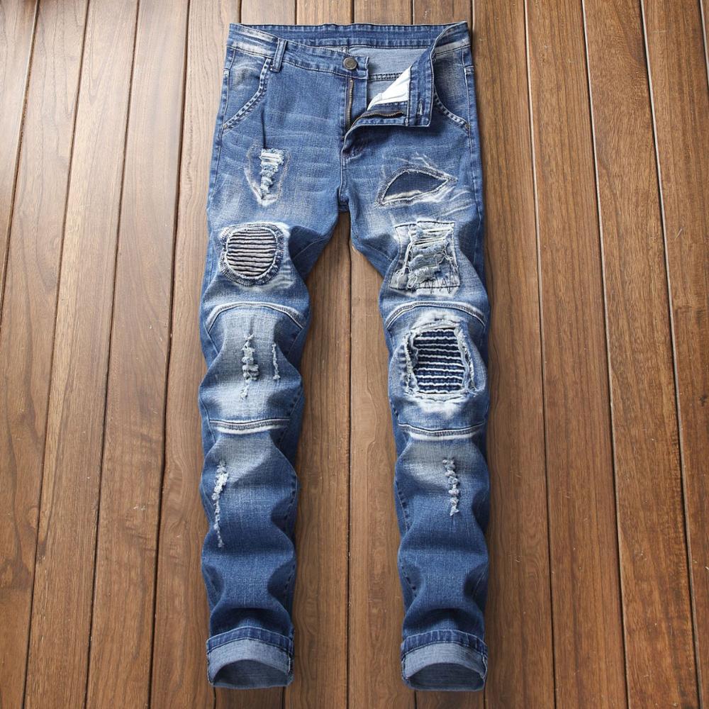 2021 AUTUMN Spring Men's Ripped Print Street HIP HOP Punk Stretch Bike Jeans Trendy Holes Straight Denim Trouers