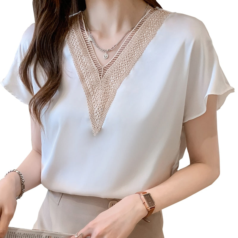 2021 Casual Chiffon Blouse White Summer Women Shirts Office V Neck Solid Color Fashion Women's Clothing Blusas Mujer 15200