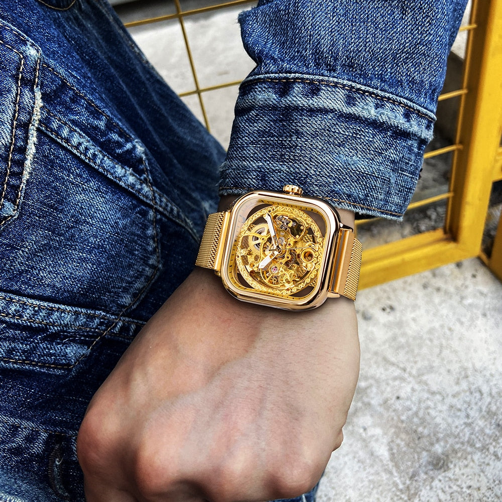 Forsining Golden Men Automatic Watch Square Skeleton Mesh Steel Band Mechanical Business Clock Relogio Masculino Erkek Kol Saati