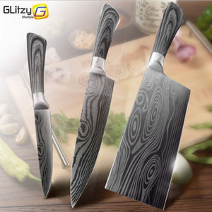 Kitchen Knife 5 7 8 Inch 1-3Pcs Set Stainless Steel Chef Santoku Imitated Damascus Pattern Cleaver Meat Vegetable Cooking Tool
