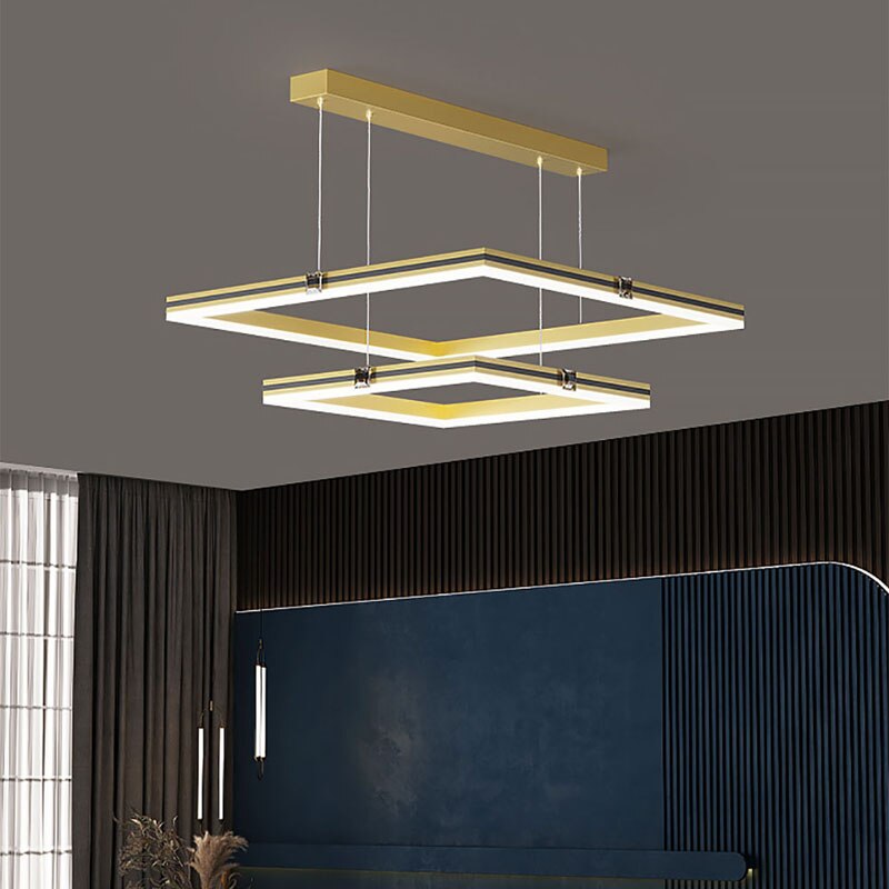 Modern Minimalist Luster Square Black Gold LED Chandelier for Bedroom Living Room Restaurant Loft Home Indoor Light Fixture