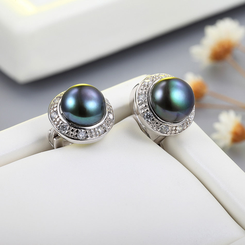 Trendy Black Freshwater Cultured Pearl Hoop Earrings and Ring Jewelry Set for Women Party Gift Fashion Jewelry Wholesale FEIGE