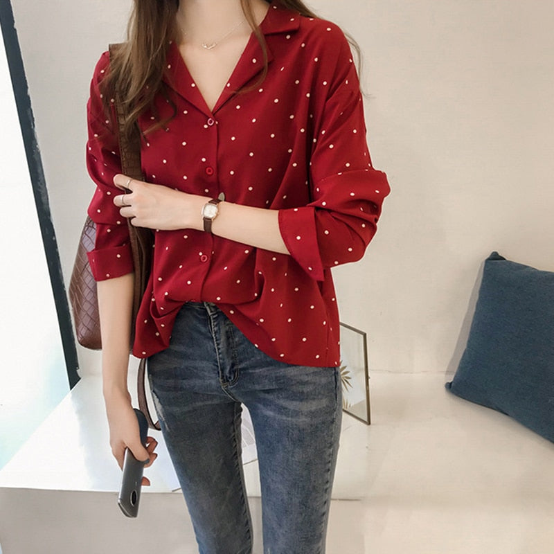 Pocket Long Sleeve Turn Down Collar Women Blouse Office Lady Polka Dot Cotton Casual Shirts 2021 New Spring