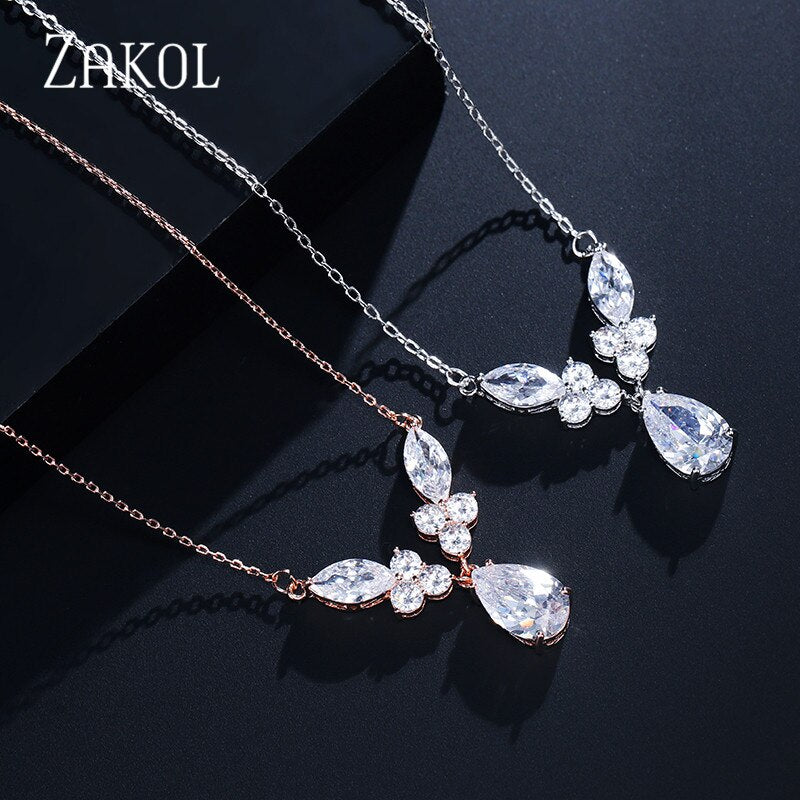 ZAKOL Brand Design Unique Water Drop Zirconia Crystal Pendant Necklaces for Elegant Women Fashion Bridal Jewelry FSNP2110