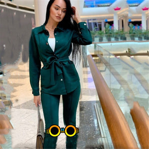 TYHRU Autumn Spring Women's Tracksuit Suede Solid Color Shirt Collar Single Breasted Belt Elastic 2 Pieces Pant Suit