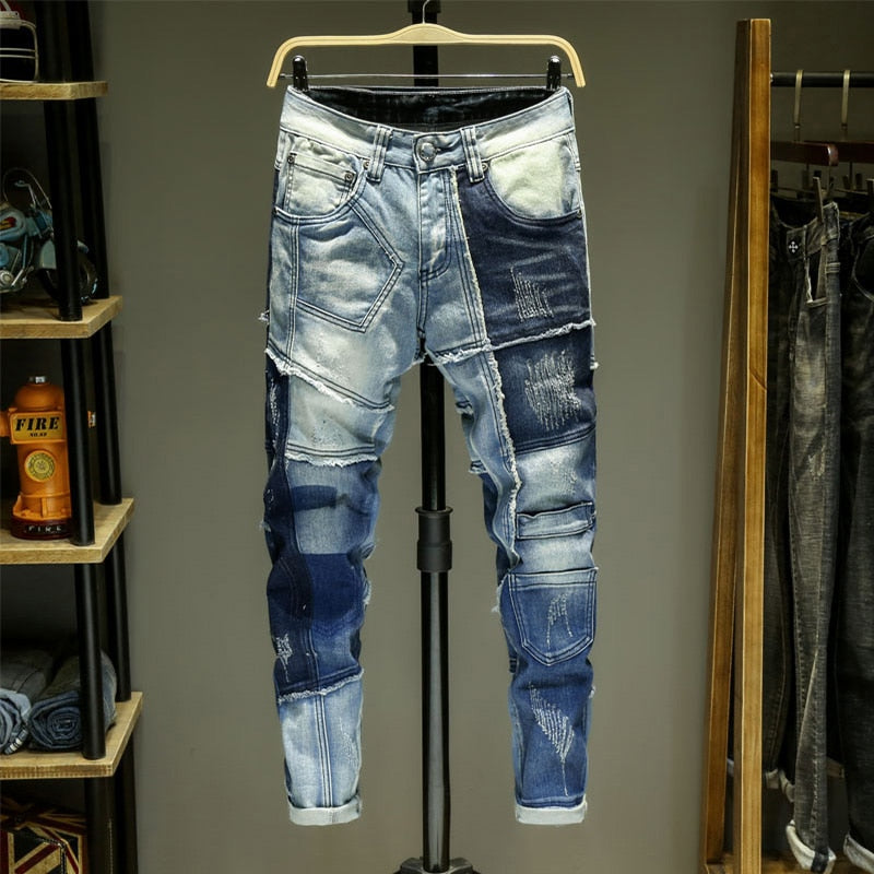 Men Jeans Splice Jean Homme Skinny Denim Ripped Spijkerbroeken Heren Biker Stretch Pants Slim Fit Trousers Warm Pantalon Luxe