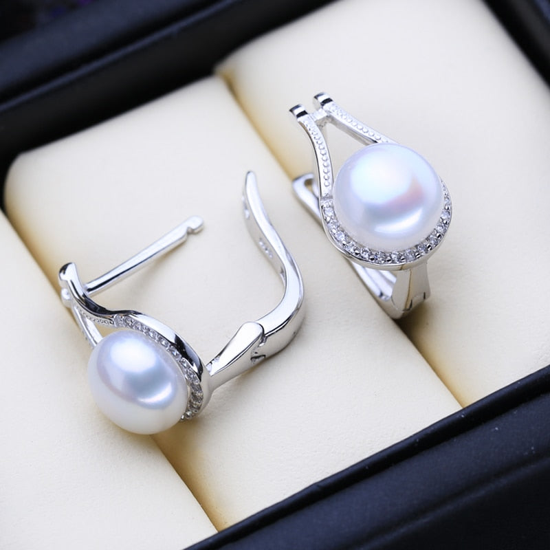 FENASY 925 Sterling Silver Pendant Necklace Natural Pearl Jewelry Sets For Women Classic Stud Earrings Fashion Party Rings