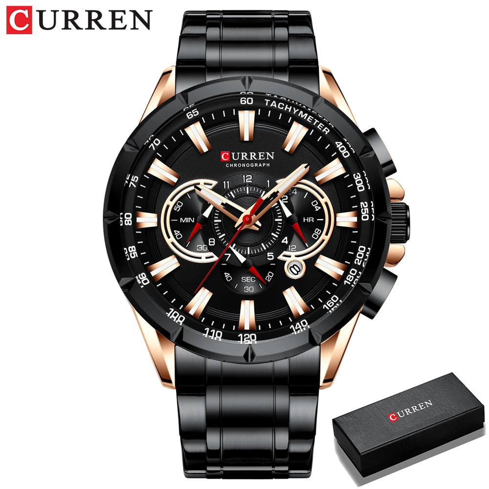 CURREN Luxury Casual Mens Watches Quartz Sports Chronograph Wristwatch Male Stainless Steel Luminous hands Clock