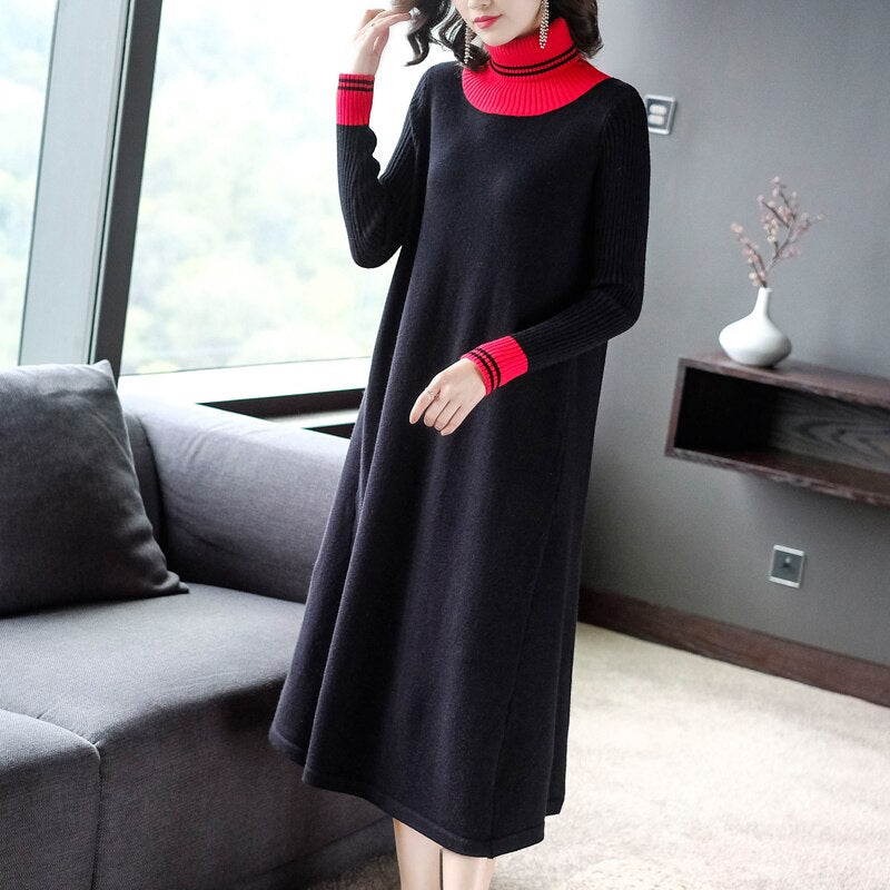 Winter Vintage Women's Turtleneck Black Sweater Dress 2021 Autumn Long Casual Knitting Maxi Dress Elegant Bodycon Party Vestidos