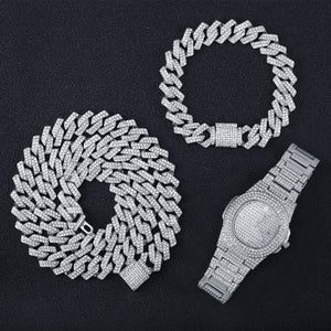 Necklace +Watch+Bracelet Men Cuban Chain 2 Row Iced Out Men's Necklace Rhinestone Zircon Paved Necklaces Men Hip Hop Jewelry Set