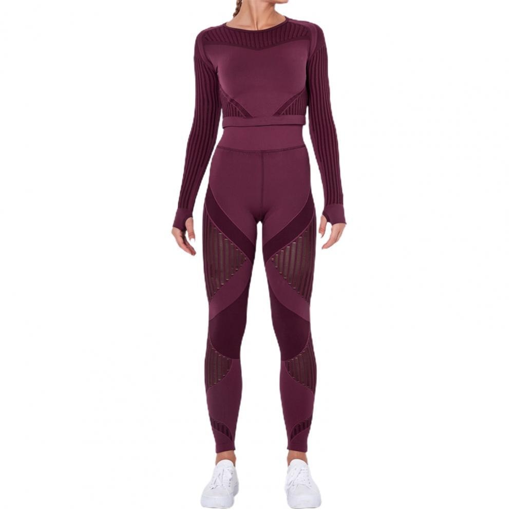 Tracksuit Women Solid Color Yoga Outfit Seamless Two Piece Striped Women Blouse Leggings Set Female Tights Women's Clothing